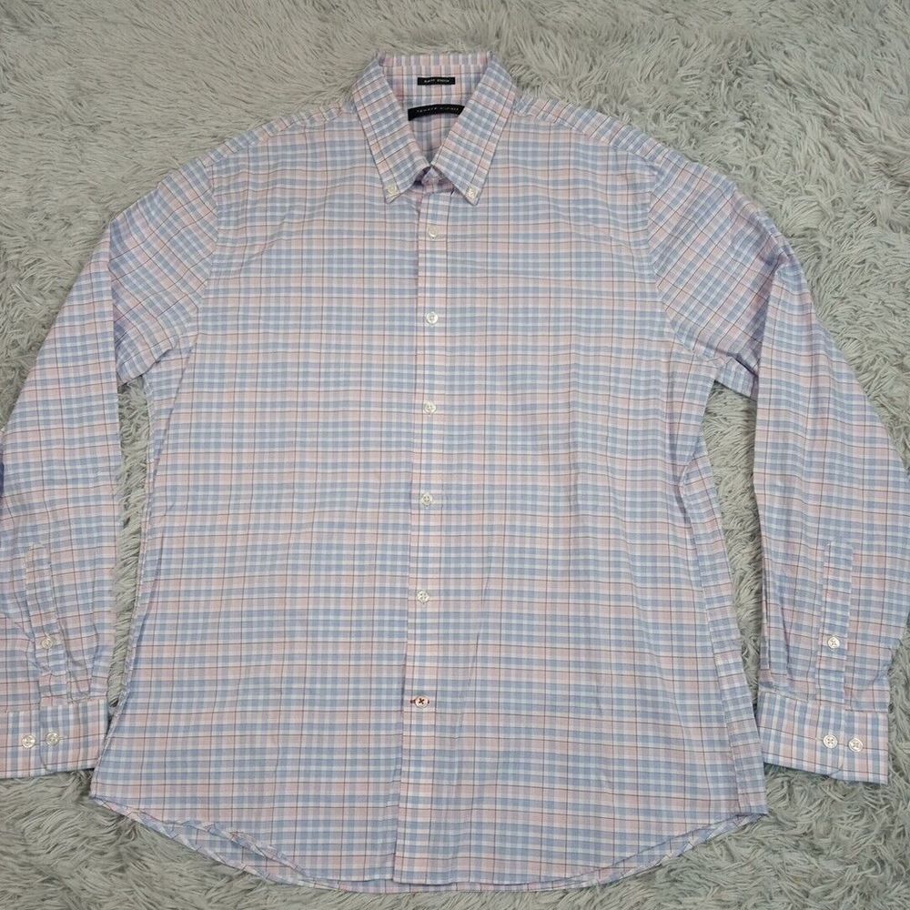 Tommy Hilfiger Shirt‎ Mens XL 17 Blue Pink Button Up Preppy Slim Fit Stretch